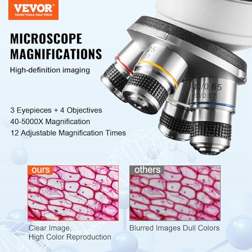 VEVOR Trinocular Compound Microscope, 40X-5000X Magnification, Digital Laboratory Trinocular Compound LED Microscope Two-Layer Mechanical Stage Computer Connection for Students and Laboratory - style: Compound Trinocular Microscope