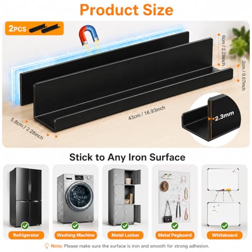 2 Pack Magnetic Book Shelf for Whiteboard, 17 Inch Heavy Duty Metal Magnetic Shelves, Holds 12 lbs, Magnetic Book Display for Classroom Furniture, Office - Black - color: Black