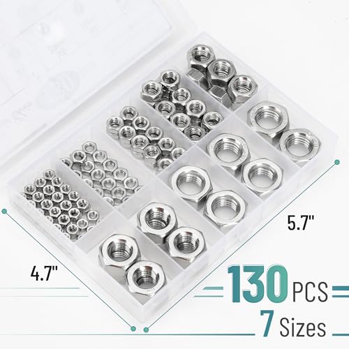 Bates- Metric Hex Nuts Assortment Kit, 7 Sizes, 130 pcs, Stainless Steel, M3 M4 M5 M6 M8 M10 M12, Hardware Nuts