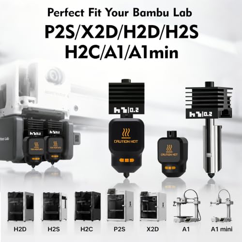 P2S Nozzle for Bambu Lab, 2PCS 0.2MM Hotend for H2D/H2S/P2S/H2C/X2D/A1/A2L/A1 Mini, Quick Swap High Temp Hardened Steel Hotend Replacement, 3D Printer Accessories with Silicone Sock - style: 2PK 0.2+0.2MM