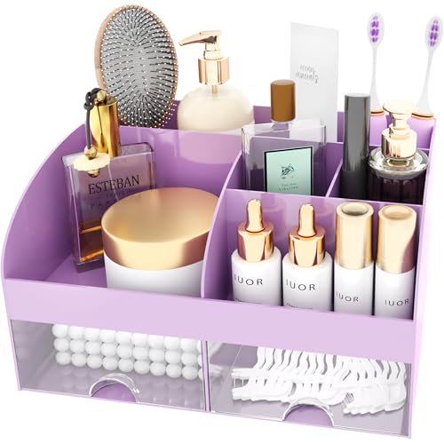 Makeup Organizer with Drawers, Cosmetic Storage for Dresser Vanity and Bathroom Countertop, Beauty Holder for Lipstick Brush, Skincare Organizer for Vanity, Cosmetic Display Case (Purple) - color: Purple-1Pack