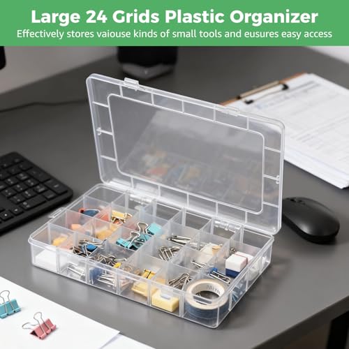OMISTAR 3 Pcs 24 Grids Plastic Organizer Box with Dividers - Clear bead Storage Containers 13.1 x 8.9 x 2 in, Adjustable Divider Storage Box for Hardware Accessories, Lightweight and Portable