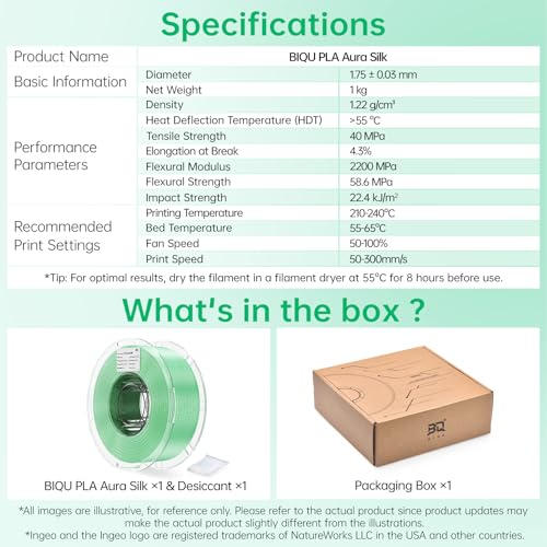 BIQU PLA Aura Silk 3D Printer Filament 1.75mm 1KG(2.2lbs) Spool, Green Silk - color: Green