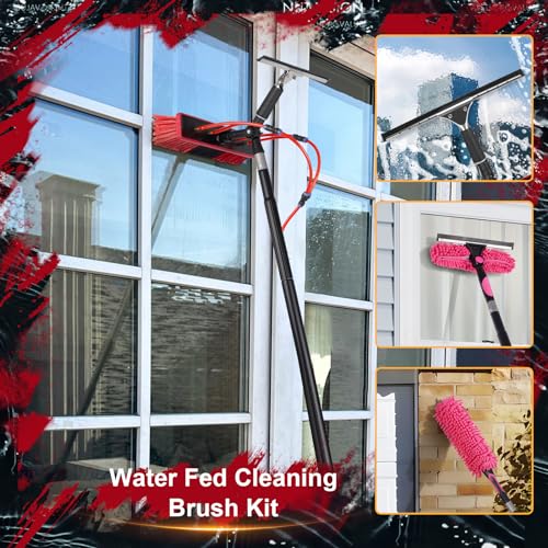 40ft Water Fed Pole Kit, Rotatable Solar Panel Cleaning Brush & Squeegee, 2 Dusting Brushes, Extendable Black Lightweight Pole for Roof Window - color: 40ft, size: Small