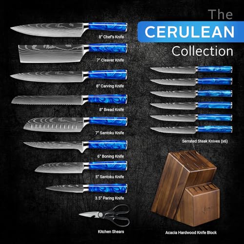 SENKEN 16-Piece Knife Block Set - Japanese High Carbon Stainless Steel with Damascus Pattern, Blue Resin Handles, 6 Steak Knives & Acacia Hardwood Block (Blue) - color: Blue