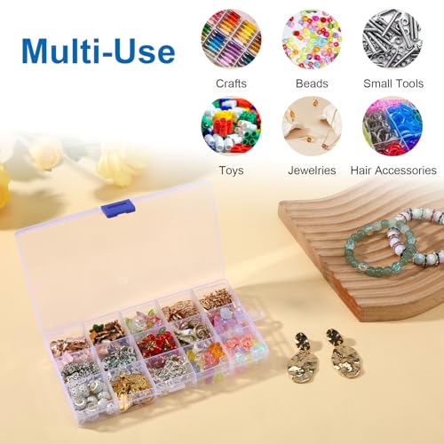 24 Pack 15 Grids Clear Plastic Bead Organizer Box Small Craft Organizer Box Storage Container with Adjustable Dividers for Jewelry Crafts Fishing Tackle Small Parts