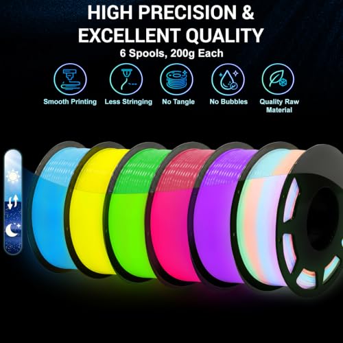Glow in the Dark PLA+ Filament, 6 Pack 200g Spool Bundle, 1.75mm - color: Blue+yellow+green+red+purple+rainbow