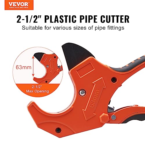 VEVOR PVC Pipe Cutter, Up to 2-1/2" O.D. Ratchet Pipe Cutter Heavy Duty, Professional Tube Cutting Tool with SK5 Steel Blade & Ergonomic Handle, Uses for PVC, CPVC, PP-R, PEX, PE, Rubber Hose - size: 2-1/2" O.D.