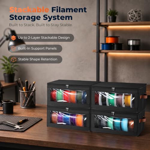 YOOPAI Filament Storage Box, 4 Pack Stackable 3D Printer Filament Storage Organizers for 24 Spools, Foldable Oxford Fabric Containers with Clear Window, PP Support Panels and Handles, Black