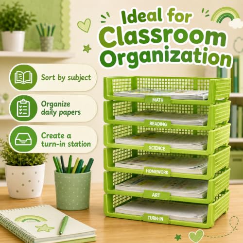6 Pcs Green Turn in Trays Classroom, Stackable Paper Bins for Classroom, 13x9x2.8 inch Plastic Baskets Desktop Organization System Office (Green) - color: Green
