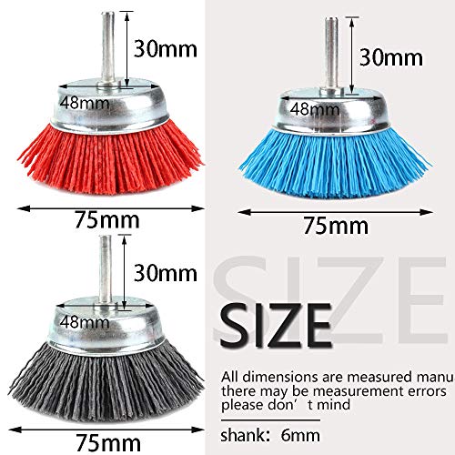 Alysontech 3-inch(75mm) Assorted Nylon Cup Brushes set nylon cup set with 1/4 shank 3Pcs
