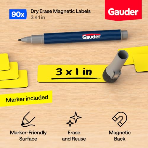 GAUDER Magnetic Dry Erase Labels | 90x Magnetic Labels (3 Inches x 1 Inch) | Dry Erase Magnets for Classroom, Whiteboard and Blackboard - color: Yellow