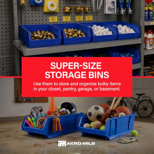 Akro-Mils 30280 Super-Size AkroBins Plastic Storage Bins, Space-Saving Stackable Bins for Garage, Classroom, Warehouse Organization, 20" L x 12" W x 6" H, Blue, 4-Pack - color: Blue, (4-Pack)