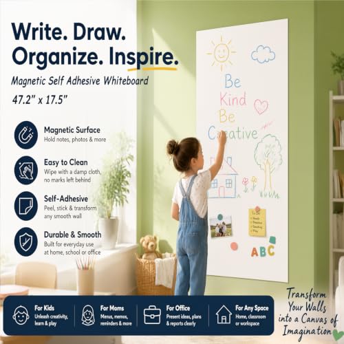 Magnetic Wall Sticker Dry Erase Whiteboard Contact Paper 47.2" x 17.5" Self Adhesive Magnet White Board Wallpaper Peel and Stick Wall Decal for Home Playroom Classroom - color: White