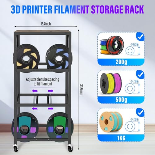 4-Tier 3D Printer Stand for Filament Storage,Heavy Duty 3D Printer Table Cart Holds 52 Spools,3D Printer Filament Rack with Wheels & Wood Top,3D Printers Cart for Workshop,Studio,Home Office (Brown) - color: Brown
