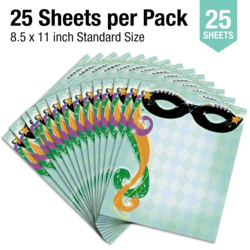 PaperDirect Masquerade Party Border Paper, Multicolor Harlequin Diamonds with Black Mask and Feather Design, 8.5 x 11, Acid-Free, Stationery for Mardi Gras Invitations, Cards, 25 Sheets - color: Masquerade
