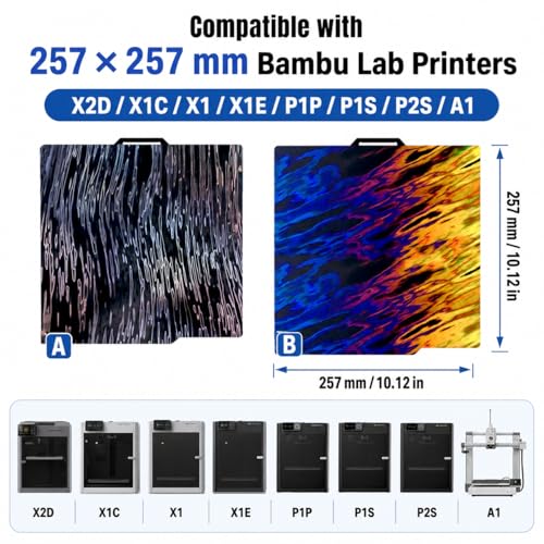 Build Plate for Bambu Lab P1S P2S A1 X1C X1 X1E P1P: Tinytrees Smooth Holographic Build Plate for 3D Printing Hobbyist, 257 X 257mm Flexible Spring Steel 3D Printer Bed for BambuLab PLA TPU PETG ABS - style: Wood Grain+Ice Fire