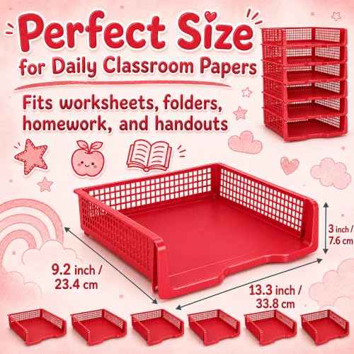 6 Pcs Red Turn in Trays Classroom, Stackable Paper Bins for Classroom, 13x9x2.8 inch Plastic Baskets Desktop Organization System Office (Red) - color: Red