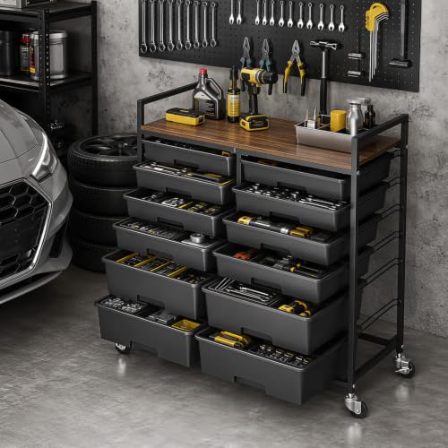 TOOLF 12 Drawers Rolling Storage Cart with Wooden Top for Classroom, Black - color: Black