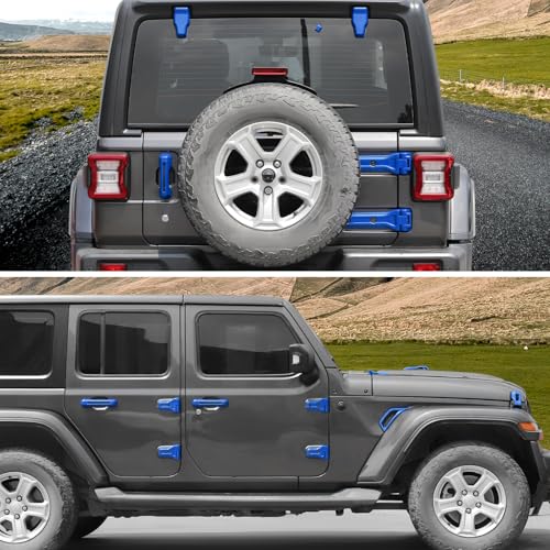 CheroCar 43PCS Full Set Exterior Trim Kit Fit for 2018-2026 Jeep Wrangler JL 4Door Blue Door Handle,Hood Hinge,Left Right Door Hinge,Tailgate Handle,Spare Tire Bracket,Fender Vent Cover Trim - color: Blue