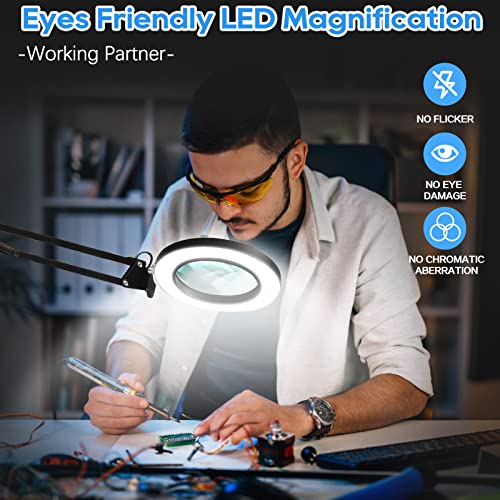 10X Magnifying Glass with Light, Adjustable Swing Arm 72 LEDs Real Glass Lens Magnifying Lamp, 3 Color Modes 10 Stepless Dimmable, Lighted Magnifier for Daily Reading Hobbies Crafts Workbench (Black) - color: Black