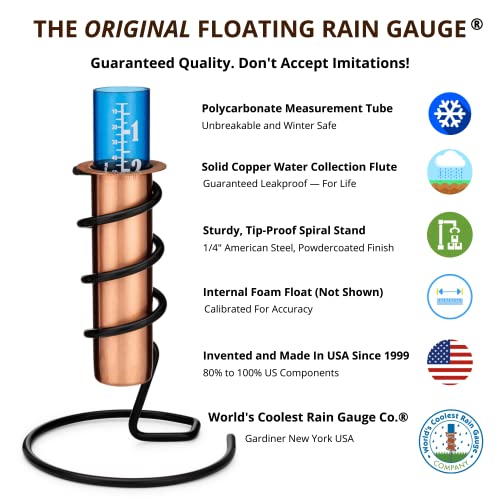 WCRG Copper Rain Gauge for Yard, Freestanding Steel Base - Outdoor Sprinkler Gauges, Shatterproof, Winter-Safe, Accurate, Decorative - The Original Floating Rain Gauge, USA Assembled & Designed - size: Table Base