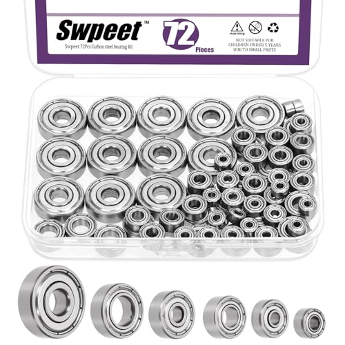 Swpeet 72Pcs 6 Sizes 693ZZ, 623ZZ, 624ZZ, 685ZZ, 687ZZ,627ZZ Ball Bearings Assortment Kit, High Carbon Steel Deep Groove Bearings, Double Shielded - size: Assortment Kit-72PCS, style: High Carbon Steel