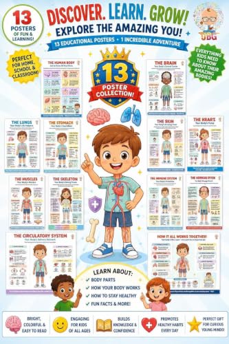JELLY BEAN GENIUS Human Body Posters Complete Set of 13 – Laminated Dry-Erase Anatomy Charts for Classroom & Homeschool | Organs Systems Science Educational Wall Posters 8.5x11 - color: Human Body Complete Set of 13