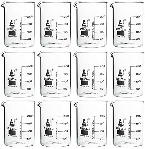 EISCO Premium 250 mL Beakers, Pack of 12 - Low Form Griffin - 50mL Graduations - Borosilicate Glass - Excellent Strength Against Breakage