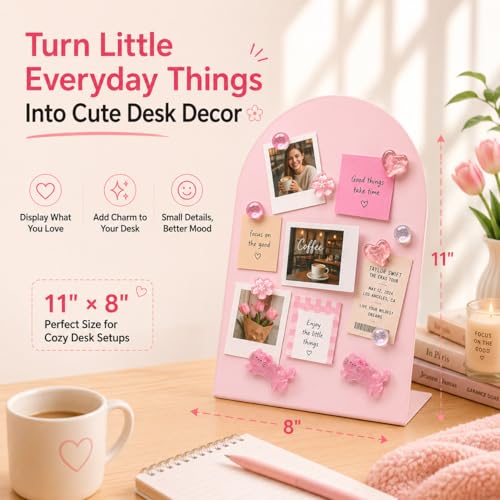 Pink Magnet Display Board for Desk, 2 Pack 11×8 Inch Arch Metal Magnetic Display Board with Stand, Memo & Photo Display, 10 Magnets Included, Cute Desk Decor for Girls, Home & Dorm