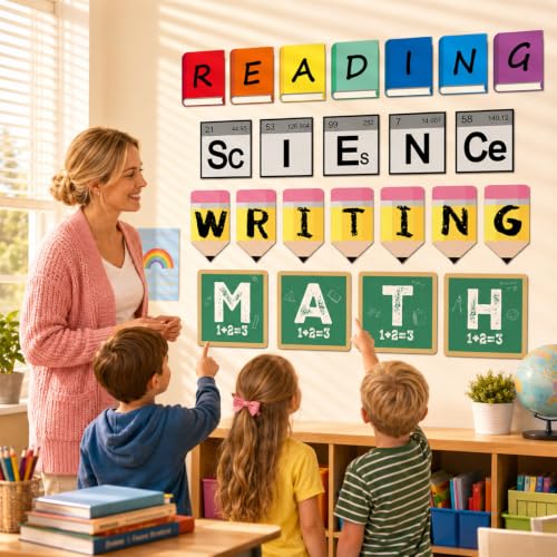 23Pcs Core Subjects Classroom Decoration Bulletin Board Set Science Reading Math Writing Bulletin Board Paper Book Sign Classroom Decor for Back to School Elementary Blackboard Craft Wall Decor