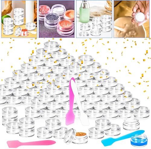 100 Pcs 5g Empty Plastic Containers with Clear Lids,Mini Makeup Sample Containers, Small Sample Pot Jars Round Cosmetic Jars with Mini Spatulas for Liquid Sample Powder Creams Lotions - color: Clear, size: 100PCS