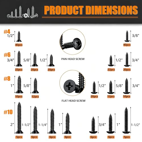 Dianrui 288 PCS Black Wood Screws Assortment Kit, Assorted Sheet Metal Screws #4/#6/#8/#10, Phillips Drive Pan & Flat Head Screw Set Marine Grade Length 3/8" to 2" - color: Black, size: 288PCS #4-#10