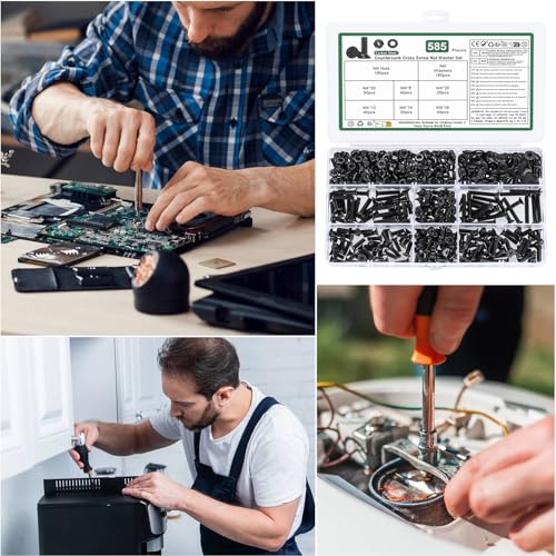 585 Pcs M4 Screws and Nuts Set, Countersunk Bolts and Nuts Assortment, Black Phillips Flat Head Machine Screws with Washers Set(M4 Screw Kit, Black) - size: M4 - 585