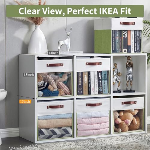 Bagnizer Storage Cubes, 4 Pack Linen Foldable Storage Bins with Clear Window and 2 Handles, 13x15x13 for Shelf Closet, Kallax, Clothes, Books - Green/Off-White - color: Green / Off-White, size: 13 x 15 x 13