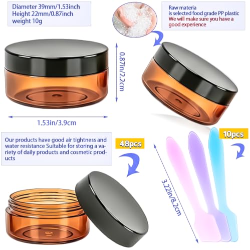 48PCS 10g Empty Amber Containers with Lids,Refillable Makeup Sample Containers, Small Sample Pot Jars Travel Makeup Container with Mini Spatulas for Liquid Powder Creams Lotions,Black Lid - color: Amber, size: 10g