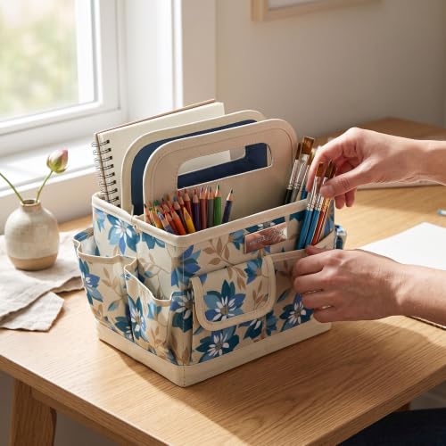 Everything Mary Desktop Tote Organizer – Tan Floral Craft Bag – Portable Storage for Art Supplies, Sewing, Scrapbooking, DIY Tools & Creative Project Organization - color: Tan Floral