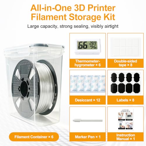 6 Pack Filament Storage Box with Temperature & Humidity Monitor, Airtight Dry Boxes with Desiccants & Label, Waterproof & Dust-Proof 3D Printer Filament Storage Container for PLA/ABS/PETG/TPU