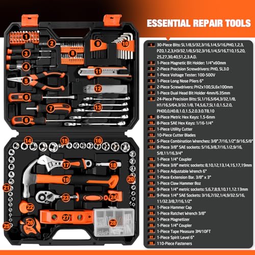 248-Piece Home Repair Hand Tool Set with Storage Case - color: Orange, size: 248-pcs