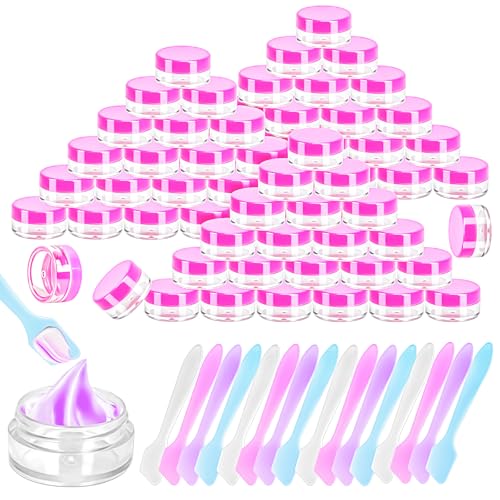 100 Pcs 5g Empty Plastic Containers with Pink Lids,Mini Makeup Sample Containers, Small Sample Pot Jars Round Cosmetic Jars with Mini Spatulas for Liquid Sample Powder Creams Lotions - color: Pink, size: 100PCS