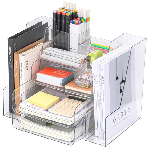 CiWiVOKi Desk Organizer with 2 Vertical File Holder, 4 Tier Stackable Paper Letter Tray File Organizer with 5-Compartments Pen Holder, Clear Desktop Organizer Office Organization and Storage