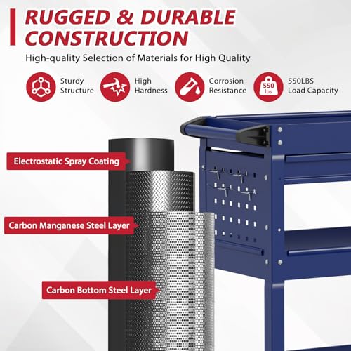 3 Tier Rolling Tool Cart on Wheels, Heavy Duty Service Cart Industrial Utility Cart with Drawer and Screwdriver Rack Pegboard, 550 LBS Mobile Tool Storage Organizer for Garage, Workshop (DARKBLUE) - color: Darkblue