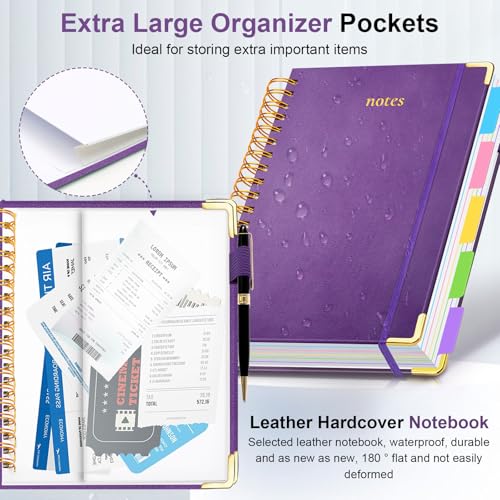 Hardcover Spiral Notebook 8.5"x11" Journal Notebook with Tabs and Removable Dividers 300 Pages 5 Subject Notebook College Ruled, Faux Leather Spiral Bound Notebook for Women School Work (Purple) - color: Purple, size: 8.5"x11"(A4)