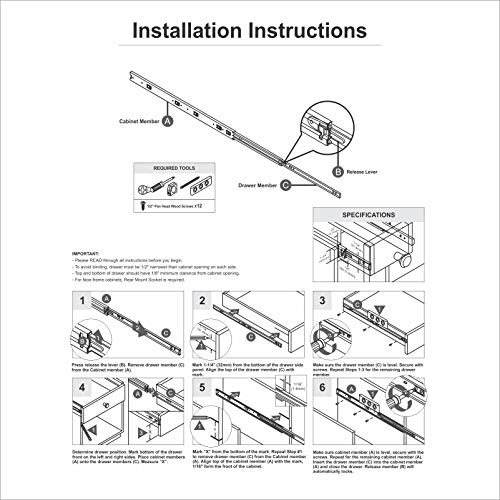TOUCH TCH-22102 Series 45mm Full Extension Ball Bearing Drawer Slides Side Mount (32 Inch 800MM, 1 Pair) - size: 32" 800MM