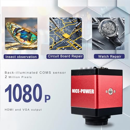 NICE-POWER Digital Microscope Camera, 13MP 1080P HDMI VGA Industrial Video Microscope, 150X Zoom C-Mount Lens, Foldable Stand, LED Ring Light, Soldering Microscopes for Electronics Repair