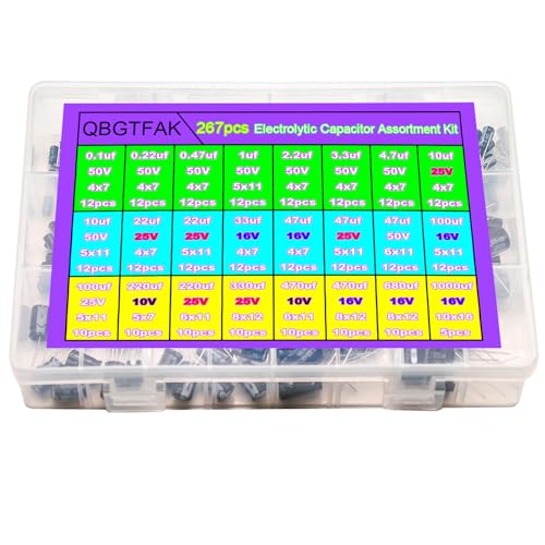 Electrolytic Capacitor, QBGTFAK 24Value 267pcs(0.1uF-1000uF) Aluminum Electrolytic Capacitors Assortment Kit for Computer Motherboard, TV, Speaker