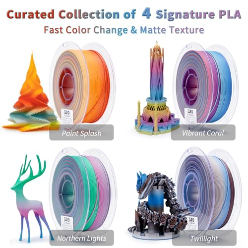 ZIRO Matte Fast Color Gradient PLA 4 Pack Bundle, No-Shine 1KG X 4 Spool - color: Matte Fast Color Gradient-4pack (Twilight, Vibrant Coral, Northern Lights, Paint Splash)