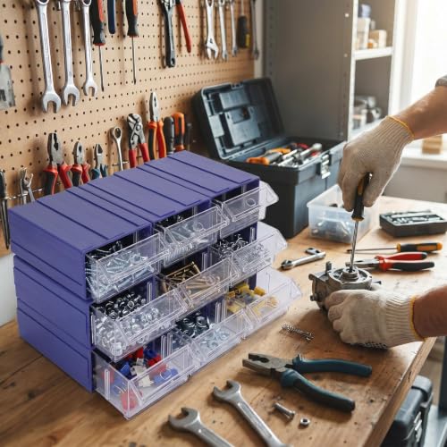 9 Pack Small Parts Organizer Drawers, Stackable Hardware Organizer with Clear Dividers, Plastic Storage Drawers for Screws, Nuts, Bolts, Nails, Beads, Ideal for Garage Workshop(Blue)