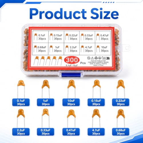 10 Values 300PCS Ceramic Capacitor Assortment Kit, 0.1 0.15 0.22 0.33 0.47 0.68 1 2.2 4.7 10uF Multilayer Monolithic Ceramic Capacitor Set with Storage Box for Electronics Projects