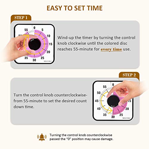 Secura 60-Minute Visual Countdown Timer, 7.5-Inch Oversize Classroom Visual Timer for Kids and Adults, Durable Mechanical Kitchen Timer Clock with Magnetic Backing (Peony Color) - color: Pink & Black